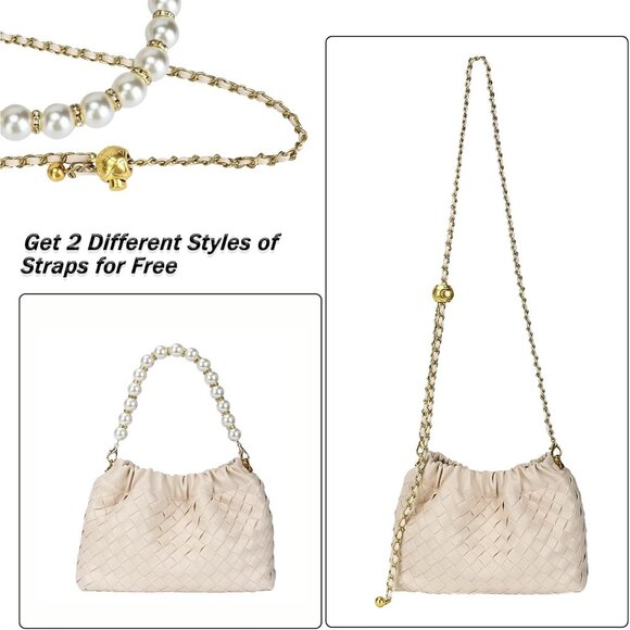 ⚡ Women's Tan Leather Dumpling Pearl Chain Evening Crossbody Clutch Bag - Picture 2 of 7